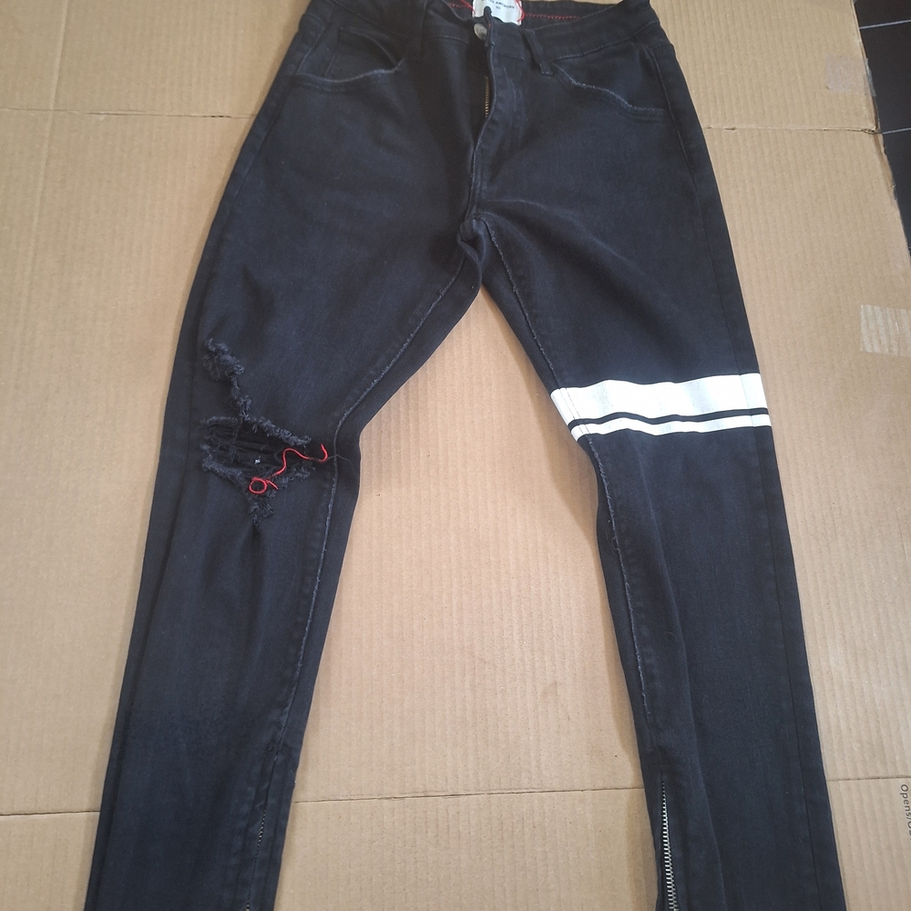 Lifted Anchor Men's Skinny Black Jeans with White Stripe